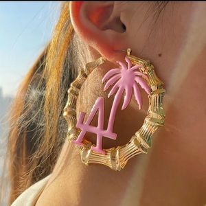 NEW 2.7” 14k GOLD PLATED “LA” PINK LOGO BAMBOO HOOP EARRINGS 2.8 inches